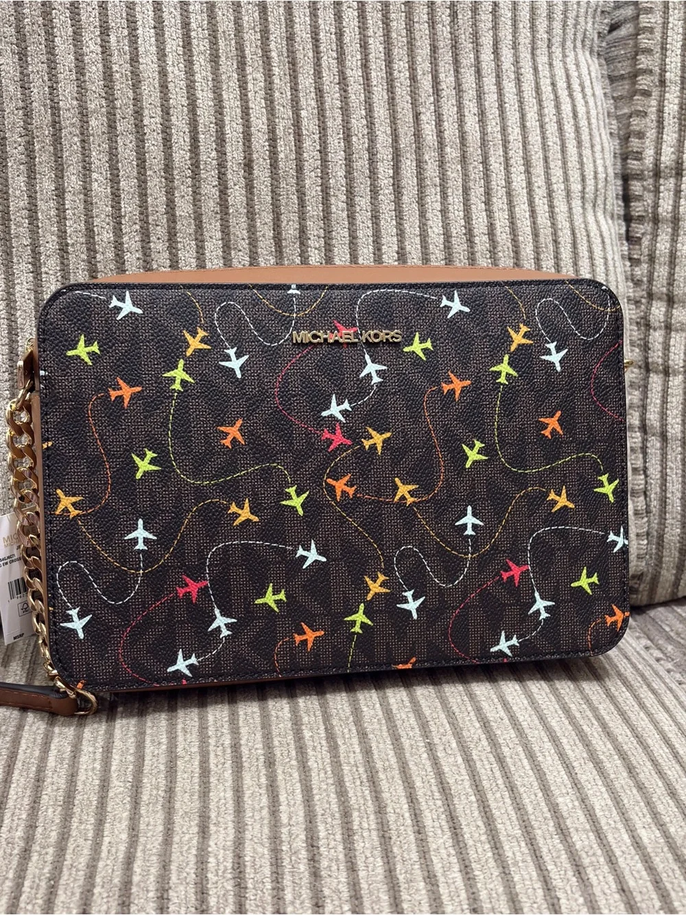 NWT Michael Kors Jet Set Large East West Crossbody Airplane Travel Print Brown